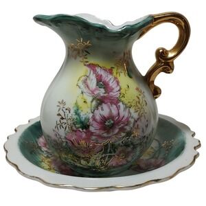 Vintage Lefton Pitcher and Bowl Hand Painted Gold Trim Japan Item 5523 1960s SEE